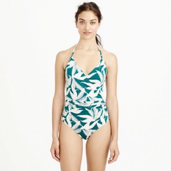J. Crew Green Tropical Fern Halter Wrap Onepiece 8